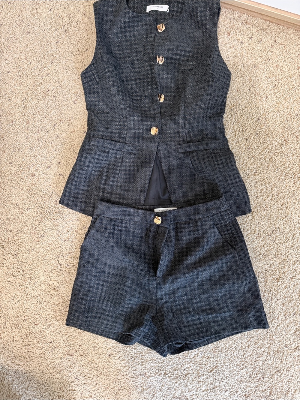 Commense tweeted black with gold buttons